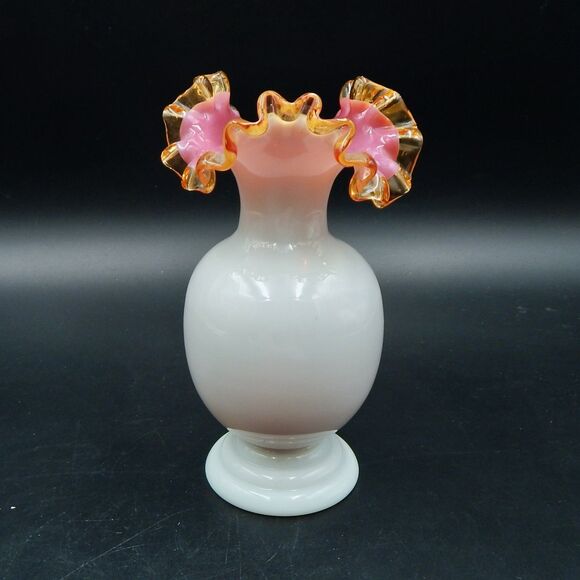 Milk Glass Vase Ruffled Top Pink Cased Gold Crest 7 Inch Stevens & Williams? - Picture 4 of 8